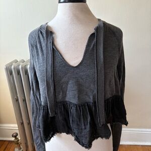 Free People Crop Dark Grey Long Sleeve Peplum Top Raw Hem S